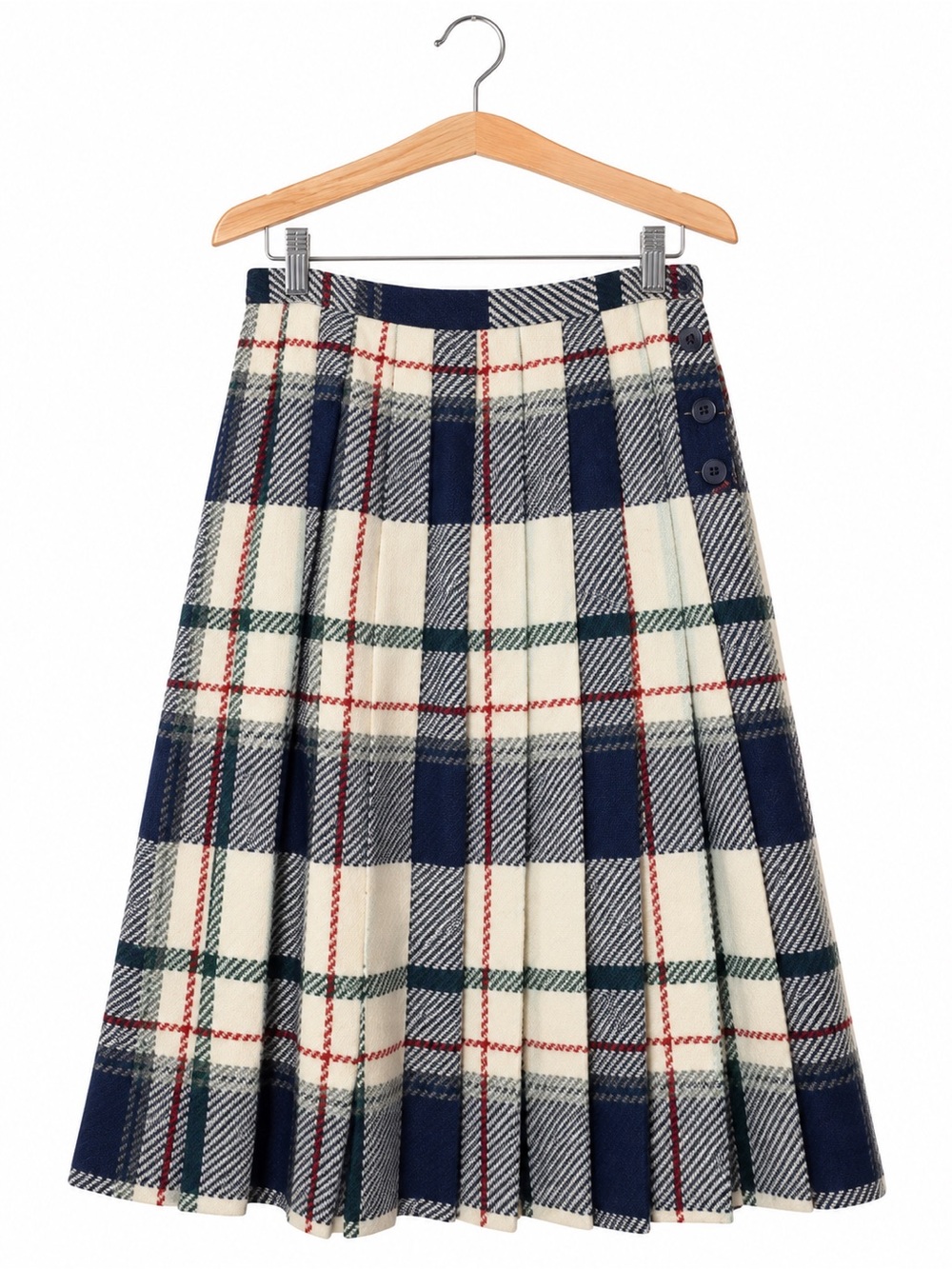 Vintage Koret Plaid Wool Blend Skirt Size 12 Navy Cream Preppy Academia Midi